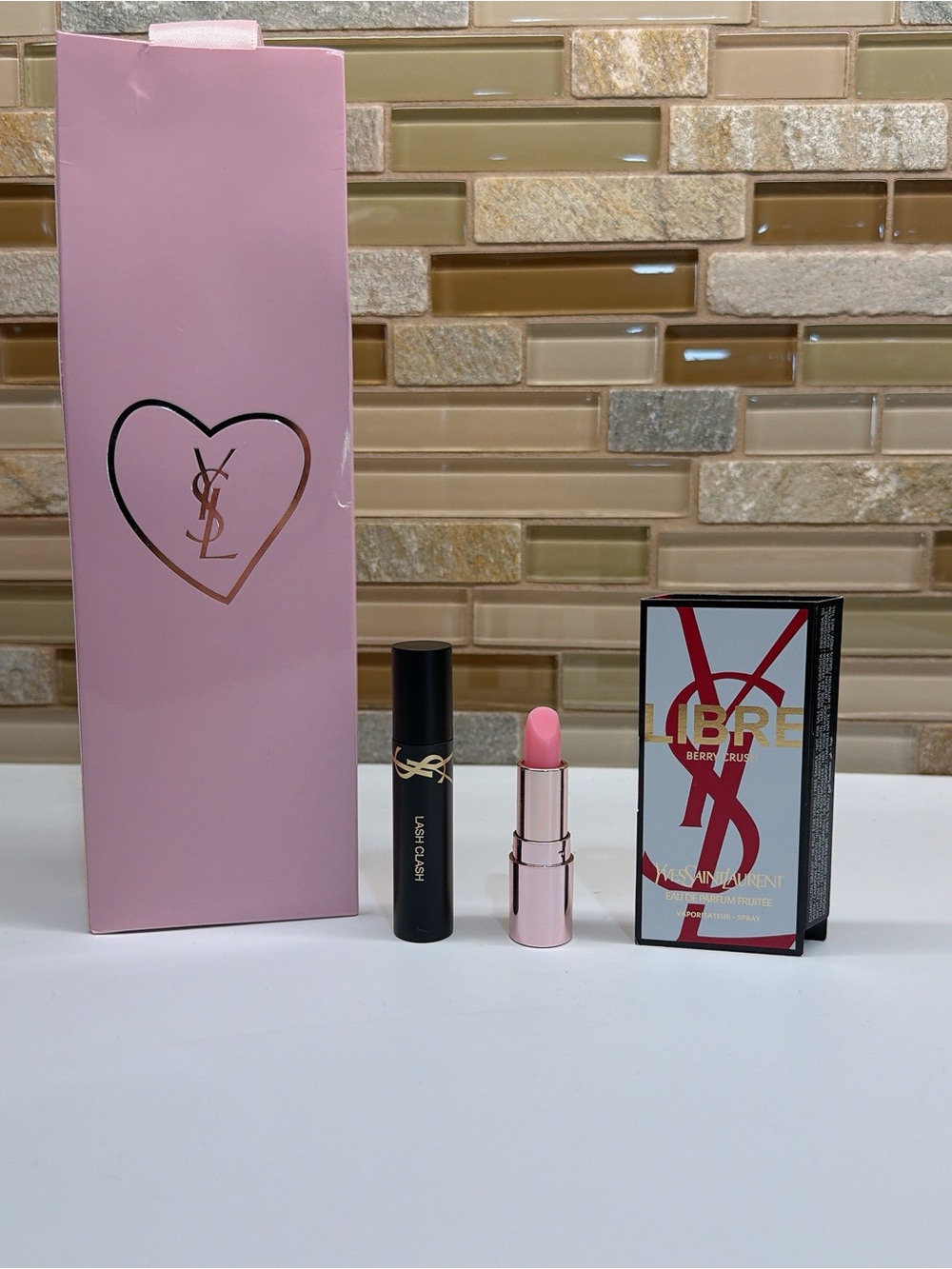 NWT YSL 3-Piece Beauty Set with Pink Heart Gift Bag - Travel Size